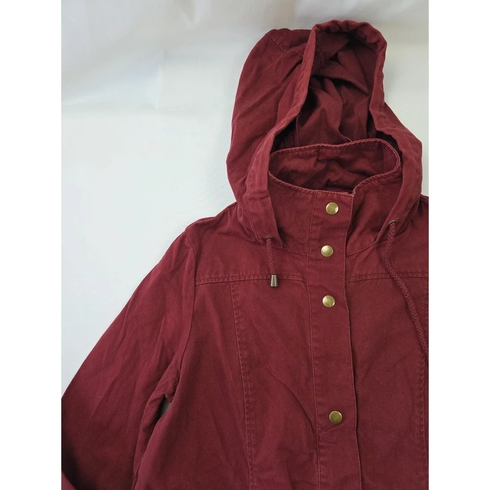 Forever 21 Burgundy Utility Jacket Womens Medium Hooded Anorak Cinch Waist Faded